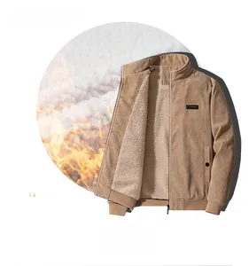 Detail of warm khaki corduroy jacket showing soft faux lamb wool lining and zipper