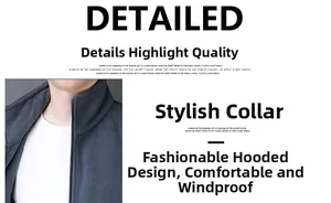 Close-up of windproof hooded collar on deep grey blue polar fleece jacket for men