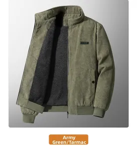 Macro detail of military green corduroy jacket with thick black faux shearling lining