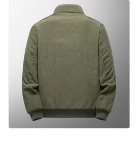 Back view of army green corduroy jacket with ribbed cuffs and classic stand collar