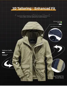 Detail of hooded outdoor jacket featuring adjustable velcro cuffs and flap pockets