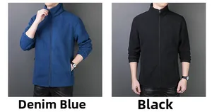 Detail view of denim blue and black polar fleece jackets with stand collar and zipper pockets