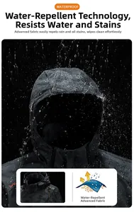 Waterproof dark grey hooded jacket with honeycomb tech fabric texture under water spray