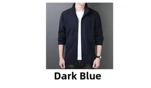 Detail view of navy blue fleece jacket with full zipper and stand collar for men
