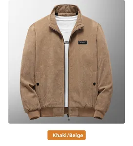 Detail view of khaki corduroy jacket featuring stand collar, ribbed cuffs and zipper design