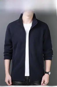 Men's navy polar fleece jacket detail showing full zip front and warm stand collar