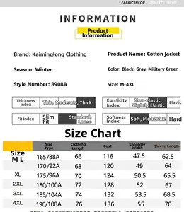 Size chart for winter men's padded bomber jacket featuring detailed chest and length measurements