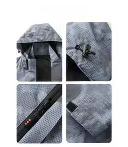 Detail view of water-resistant gray jacket featuring detachable hood and adjustable cuffs