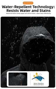 Close-up of waterproof tech fabric showing water droplets and functional hood detail