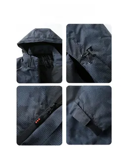 Detail view of water-resistant fabric, adjustable hood, quality zipper and velcro cuffs