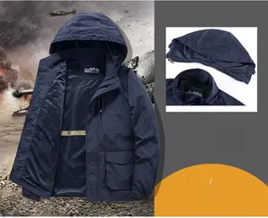 Detail of windproof tactical jacket with detachable hood and breathable mesh lining