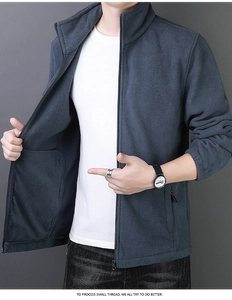 Detail view of deep grey-blue fleece jacket featuring standing collar and soft texture