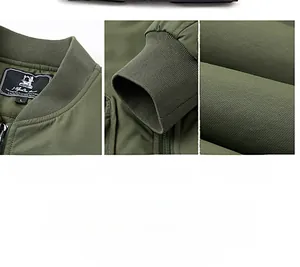 Detailed views of army green bomber jacket featuring ribbed collar, cuffs and windproof fabric