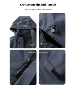 Detailed view of hood, zipper, and adjustable cuffs on a navy outdoor jacket