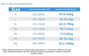 Men's outdoor jacket size guide table showing recommended height and weight for M to 5XL