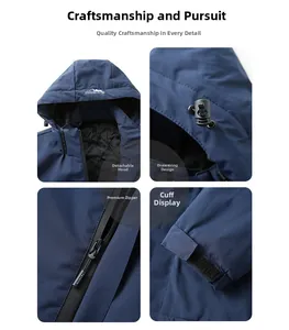 Detail view of detachable hood, windproof drawstring and velcro cuffs on navy jacket