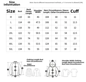 Detailed size chart for men's outdoor jacket with measurements in CM from M to 5XL