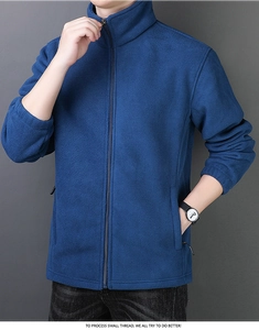 Detail of navy blue fleece jacket showing stand collar and high-quality zipper texture