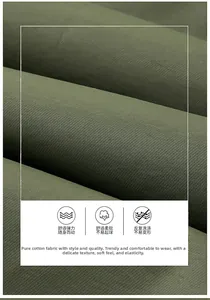Detail showing army green pure cotton fabric texture with stretch and anti-pilling features