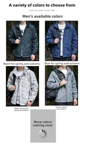 Detail of outdoor hooded jackets in black, blue, and grey with adjustable Velcro cuffs