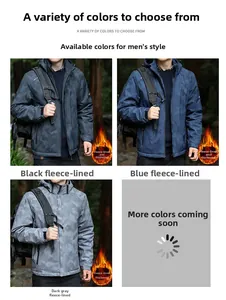 Detail view of men's thermal fleece hooded jacket with dark camouflage texture and zipper