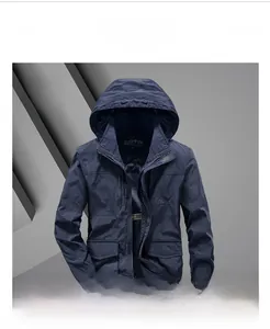 Close-up of a dark blue hooded windbreaker with hidden zipper and large flap pockets