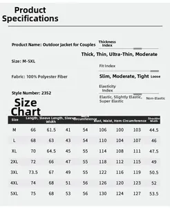 Detailed size chart for outdoor jackets featuring measurements from M up to 5XL for perfect fit
