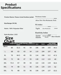 Size chart for outdoor windbreaker jacket with fleece lining and detailed measurements