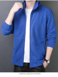 Detailed view of royal blue fleece jacket with high collar and zipper closure