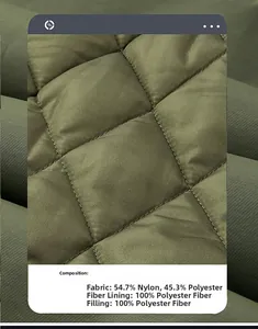 Detail of army green quilted fabric with 54.7% nylon and 45.3% polyester composition