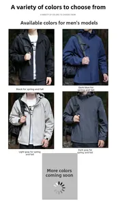 Mens hooded outdoor jacket detail showing black, navy, and grey functional color options