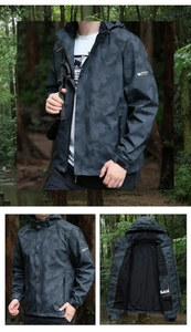 Detail view of water-resistant camo jacket with breathable mesh lining and adjustable cuffs
