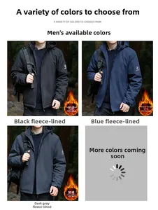 Detail view of men's thermal windbreaker jackets in black, blue, and dark gray colors