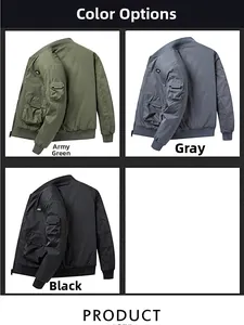 Detail view showing military green, grey, and black bomber jackets with sleeve zip pockets