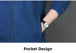 Detail view of men's fleece jacket featuring secure side pockets and a smooth zipper