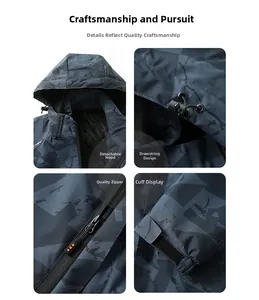 Detailed view of detachable hood and adjustable cuffs on blue camo outdoor jacket