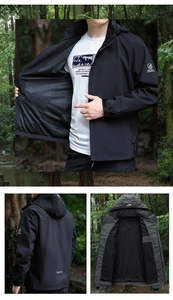 Detail of waterproof outdoor jacket with adjustable hood, mesh lining, and side pockets