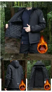 Detail of black hooded jacket showing thermal fleece lining and outdoor windproof fabric