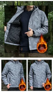 Detail of grey camouflage jacket with fleece-lined interior and adjustable velcro cuffs