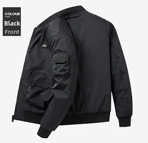Detail of black flight jacket showing ribbed collar and arm pocket in utility style