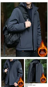Detail of men's dark grey hooded jacket showing warm fleece lining and windproof fabric