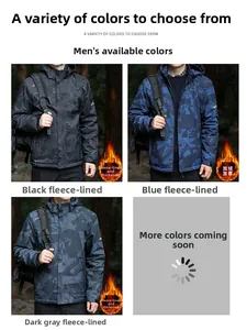 Detailed comparison of fleece-lined camouflage jackets in black, blue, and dark grey tones