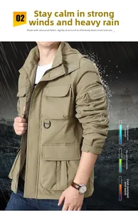 Details einer wasserdichten taktischen Khaki-Jacke mit Mehrfachtaschen und Funktionsmaterial