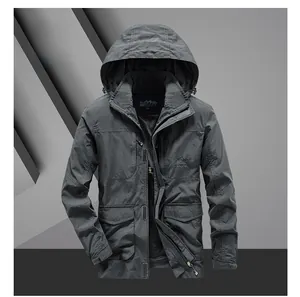 Detailed view of dark grey outdoor windbreaker jacket featuring hooded design and large pockets