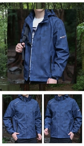 Outdoor waterproof blue camo jacket featuring a detachable hood and zipper pockets