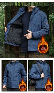 Detail of fleece-lined blue camouflage outdoor jacket with thickened thermal inner layer