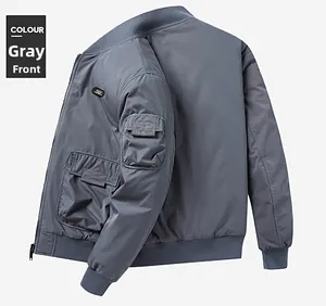Detailed views of grey bomber jacket with utility pockets and ribbed collar details