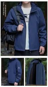 Detail view of men's dark blue outdoor hooded jacket showing windproof fabric and inner lining
