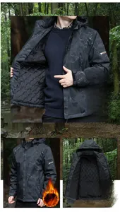 Detail view of men's camouflage windbreaker featuring warm fleece lining and quilted interior