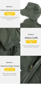 Detail der Kapuzenjacke mit abnehmbarer Kapuze, Klettbündchen und Metallreißverschluss